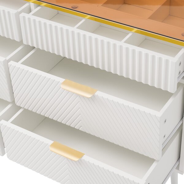 Anti-tip Sideboard Cabinet with 6 Storage Drawers, Amber Glass, Wood Chest of Drawers for Living Room, Bedroom, 120L x 40W x 76H cm, White Aosom.UK