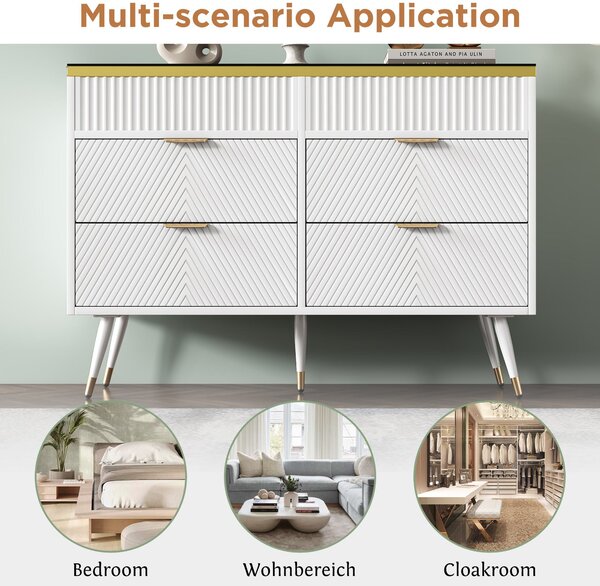 Anti-tip Sideboard Cabinet with 6 Storage Drawers, Amber Glass, Wood Chest of Drawers for Living Room, Bedroom, 120L x 40W x 76H cm, White Aosom.UK