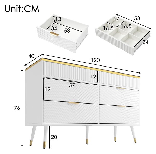 Anti-tip Sideboard Cabinet with 6 Storage Drawers, Amber Glass, Wood Chest of Drawers for Living Room, Bedroom, 120L x 40W x 76H cm, White Aosom.UK