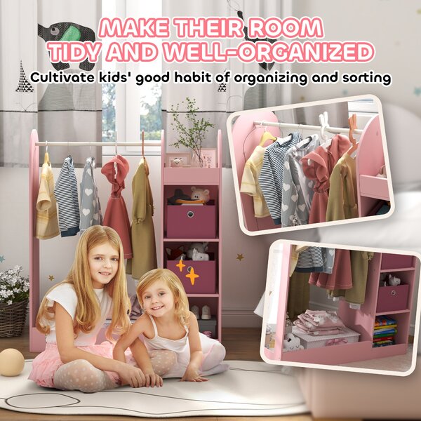 AIYAPLAY Kids Clothes Rail with Storage Shelf, Boxes, Mirror for Bedroom, Nursery, Pink Aosom UK