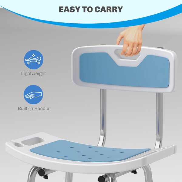 HOMCOM Shower Stool with Backrest, Height Adjustable Shower Chair with Anti-slip Foot Pads, Shower Head Holder, Light Blue Aosom UK