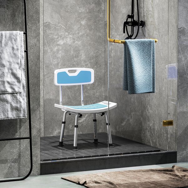 HOMCOM Shower Stool with Backrest, Height Adjustable Shower Chair with Anti-slip Foot Pads, Shower Head Holder, Light Blue Aosom UK