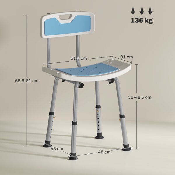HOMCOM Shower Stool with Backrest, Height Adjustable Shower Chair with Anti-slip Foot Pads, Shower Head Holder, Light Blue Aosom UK