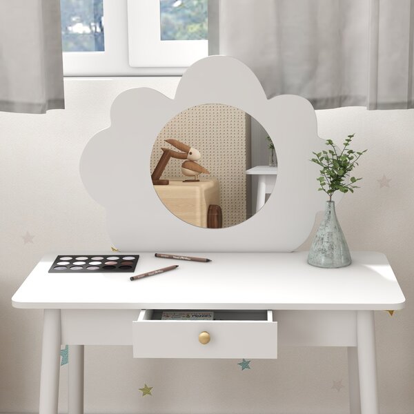 AIYAPLAY Kids Dressing Table with Mirror, Stool, Drawer, Cloud Design, White Aosom UK
