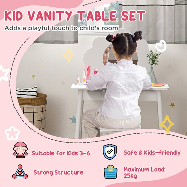 AIYAPLAY Kids Dressing Table with Mirror, Stool, Drawer, Cloud Design, White Aosom UK