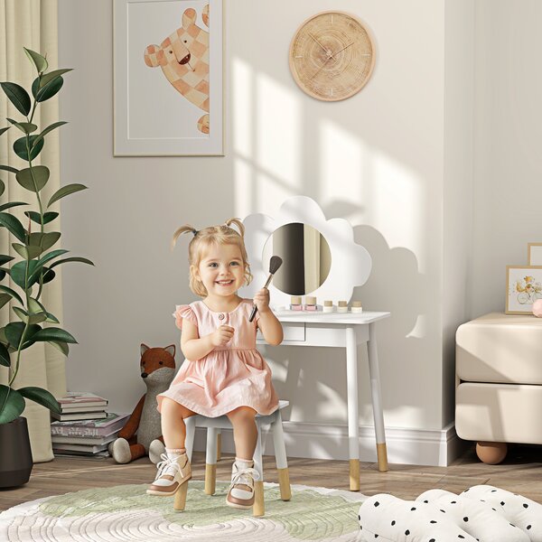 AIYAPLAY Kids Dressing Table with Mirror, Stool, Drawer, Cloud Design, White Aosom UK