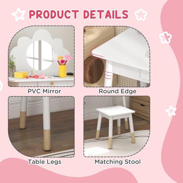 AIYAPLAY Kids Dressing Table with Mirror, Stool, Drawer, Cloud Design, White Aosom UK