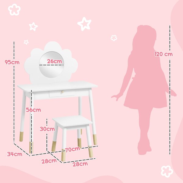 AIYAPLAY Kids Dressing Table with Mirror, Stool, Drawer, Cloud Design, White Aosom UK