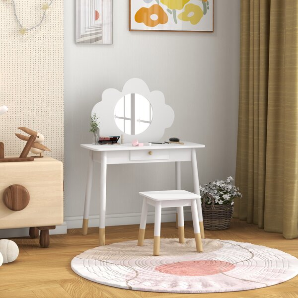AIYAPLAY Kids Dressing Table with Mirror, Stool, Drawer, Cloud Design, White Aosom UK