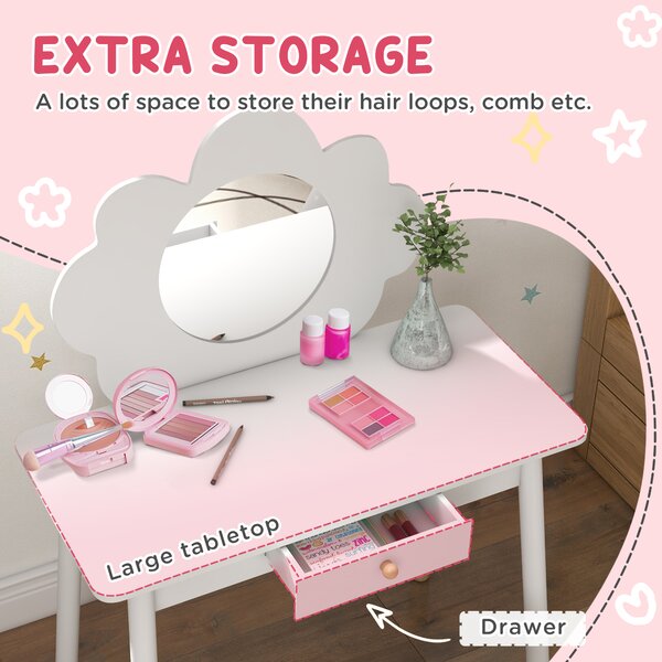 AIYAPLAY Kids Dressing Table with Mirror, Stool, Drawer, Cloud Design, White Aosom UK