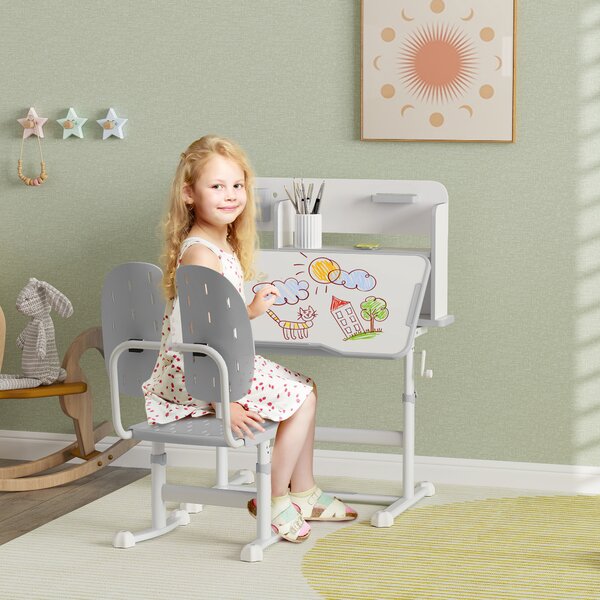 AIYAPLAY Height Adjustable Kids Desk and Chair Set, Children School Study Desk with Tiltable Desktop, Reading Rack, Grey Aosom UK