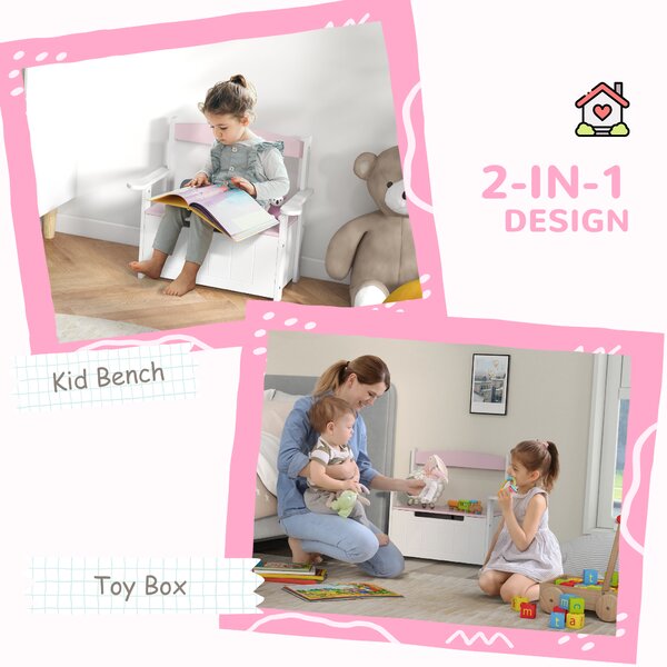 AIYAPLAY 2-in-1 Toy Box for Kids with Lid for Bedroom, Nursery, Playroom, Pink Aosom UK