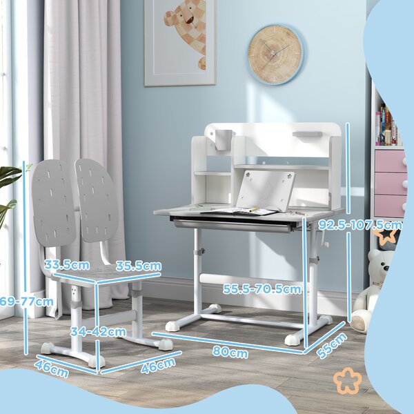 AIYAPLAY Height Adjustable Kids Desk and Chair Set, Children School Study Desk with Tiltable Desktop, Reading Rack, Grey Aosom UK