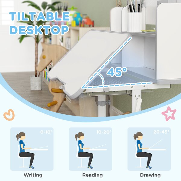 AIYAPLAY Height Adjustable Kids Desk and Chair Set, Children School Study Desk with Tiltable Desktop, Reading Rack, Grey Aosom UK