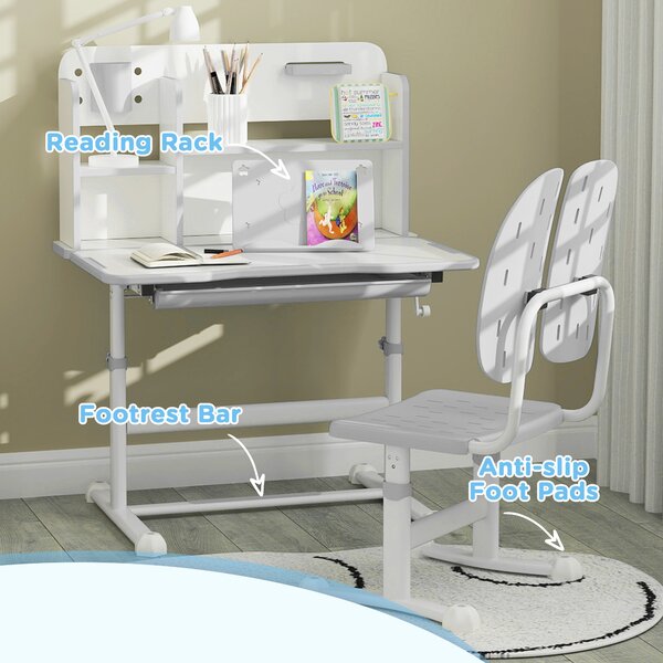 AIYAPLAY Height Adjustable Kids Desk and Chair Set, Children School Study Desk with Tiltable Desktop, Reading Rack, Grey Aosom UK