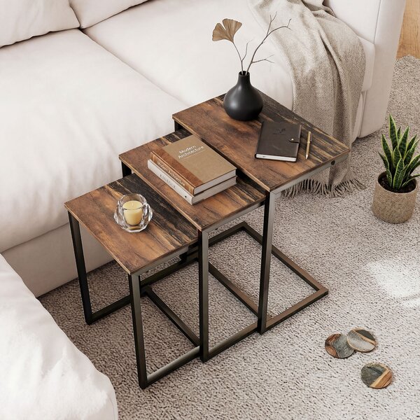 HOMCOM Nesting Side Tables Set of 3, C-Shaped Snack Side Tables with Steel Frame for Sofa Couch and Bed, Rustic Brown Aosom UK