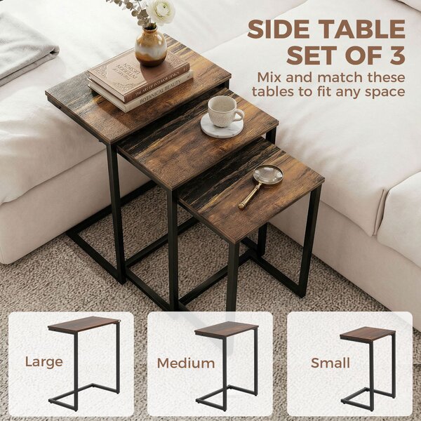 HOMCOM Nesting Side Tables Set of 3, C-Shaped Snack Side Tables with Steel Frame for Sofa Couch and Bed, Rustic Brown Aosom UK