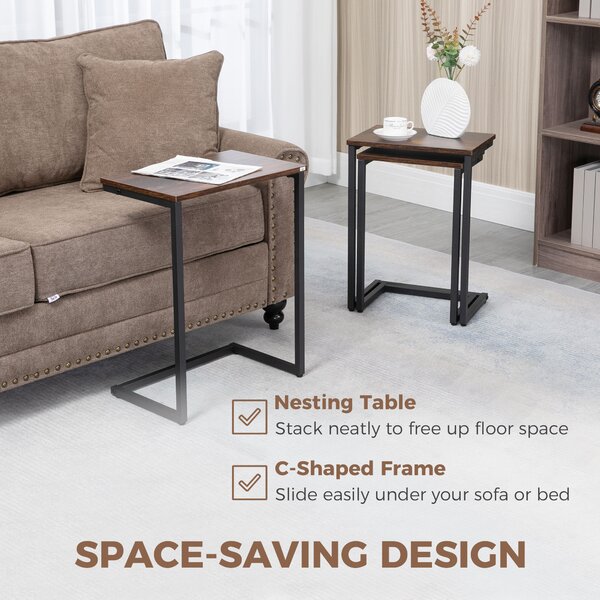 HOMCOM Nesting Side Tables Set of 3, C-Shaped Snack Side Tables with Steel Frame for Sofa Couch and Bed, Rustic Brown Aosom UK
