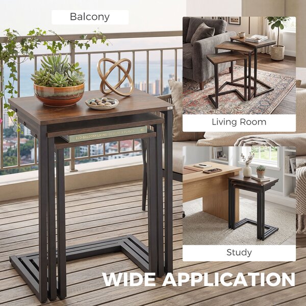 HOMCOM Nesting Side Tables Set of 3, C-Shaped Snack Side Tables with Steel Frame for Sofa Couch and Bed, Rustic Brown Aosom UK