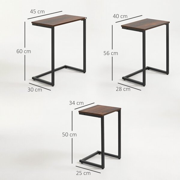 HOMCOM Nesting Side Tables Set of 3, C-Shaped Snack Side Tables with Steel Frame for Sofa Couch and Bed, Rustic Brown Aosom UK