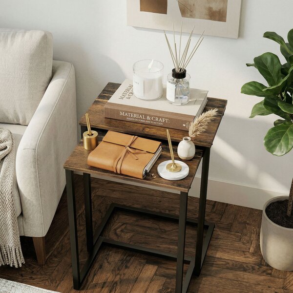 HOMCOM Nesting Side Tables Set of 3, C-Shaped Snack Side Tables with Steel Frame for Sofa Couch and Bed, Rustic Brown Aosom UK