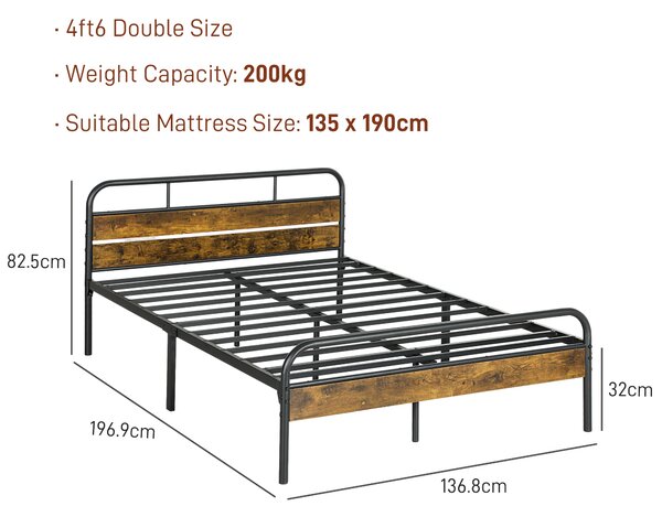 HOMCOM Industrial-Style Double Bed Frame - Black/Brown Aosom UK