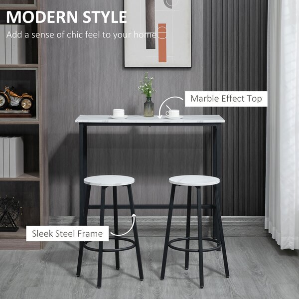 HOMCOM 3 Piece Bar Table and Stool Set for 2 with Stools Steel Frame Footrest for Kitchen Living Room Small Space White Aosom UK