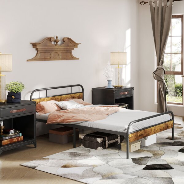 HOMCOM Industrial-Style Double Bed Frame - Black/Brown Aosom UK