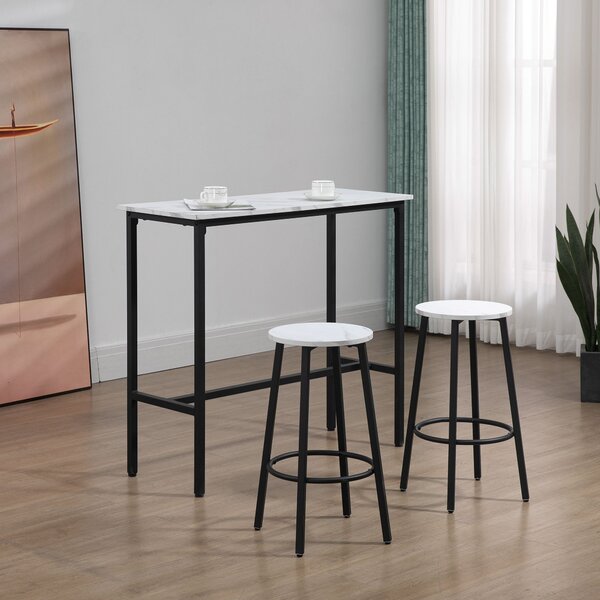 HOMCOM 3 Piece Bar Table and Stool Set for 2 with Stools Steel Frame Footrest for Kitchen Living Room Small Space White Aosom UK