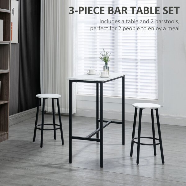 HOMCOM 3 Piece Bar Table and Stool Set for 2 with Stools Steel Frame Footrest for Kitchen Living Room Small Space White Aosom UK
