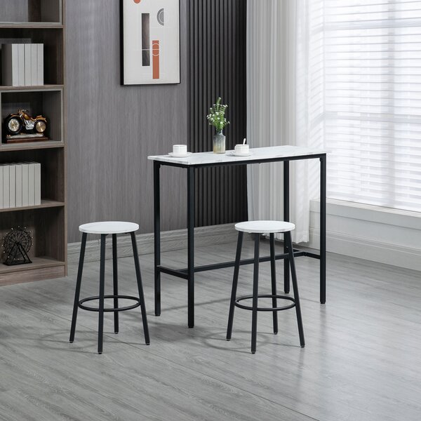 HOMCOM 3 Piece Bar Table and Stool Set for 2 with Stools Steel Frame Footrest for Kitchen Living Room Small Space White Aosom UK