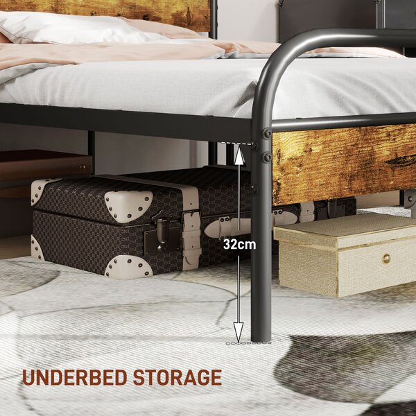 HOMCOM Industrial-Style Double Bed Frame - Black/Brown Aosom UK