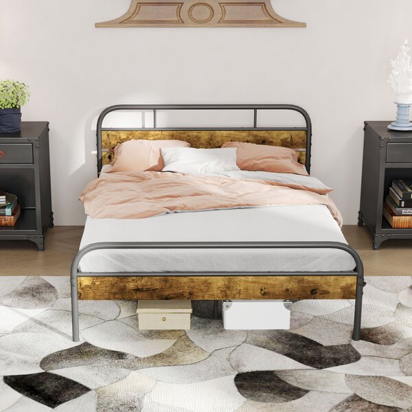 HOMCOM Industrial-Style Double Bed Frame - Black/Brown Aosom UK
