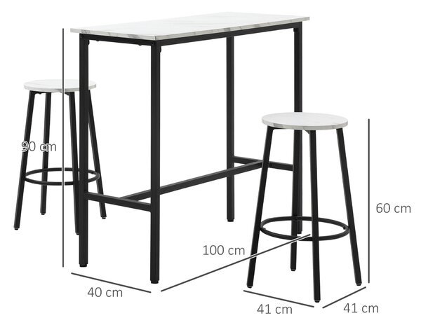 HOMCOM 3 Piece Bar Table and Stool Set for 2 with Stools Steel Frame Footrest for Kitchen Living Room Small Space White Aosom UK
