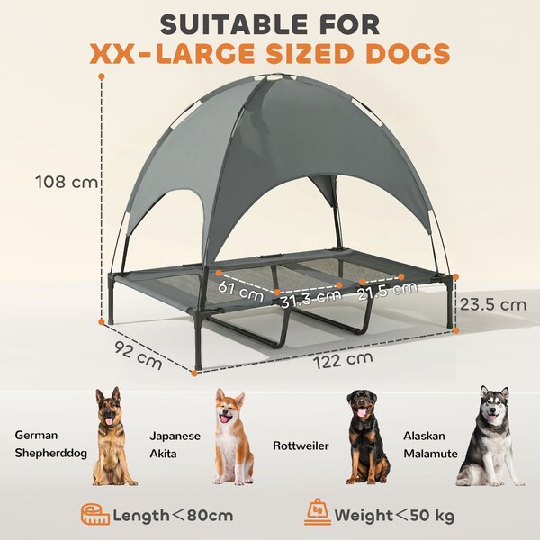 PawHut Raised Dog Bed Waterproof Elevated Pet Cot with Breathable Mesh UV Protection Canopy Grey, for XL Dogs, 122 x 92 x 108cm Aosom UK