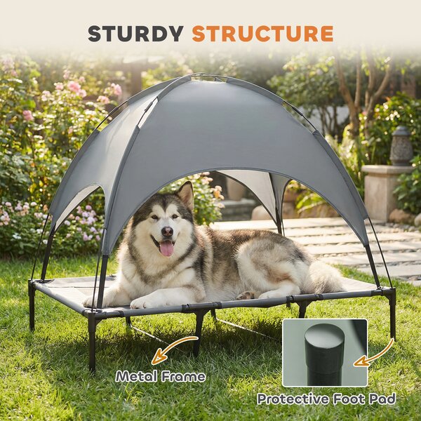 PawHut Raised Dog Bed Waterproof Elevated Pet Cot with Breathable Mesh UV Protection Canopy Grey, for XL Dogs, 122 x 92 x 108cm Aosom UK