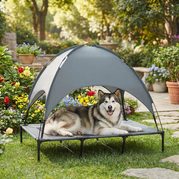 PawHut Raised Dog Bed Waterproof Elevated Pet Cot with Breathable Mesh UV Protection Canopy Grey, for XL Dogs, 122 x 92 x 108cm Aosom UK