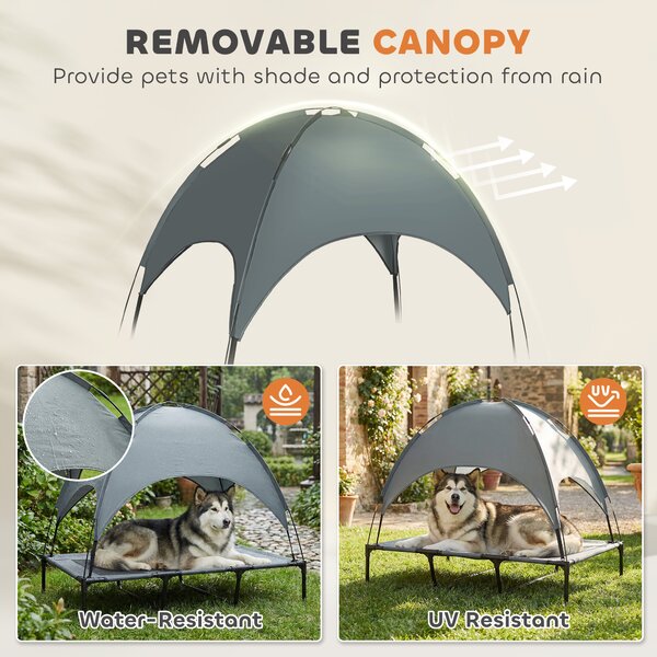 PawHut Raised Dog Bed Waterproof Elevated Pet Cot with Breathable Mesh UV Protection Canopy Grey, for XL Dogs, 122 x 92 x 108cm Aosom UK