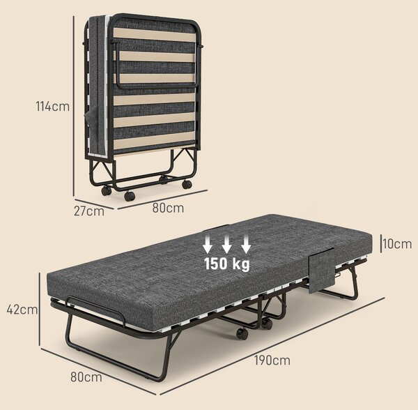 HOMCOM Folding Bed with Mattress, Foldable Guest Bed on Wheels, Portable Single Bed with 10cm Mattress, 190 x 80cm, Dark Grey Aosom UK