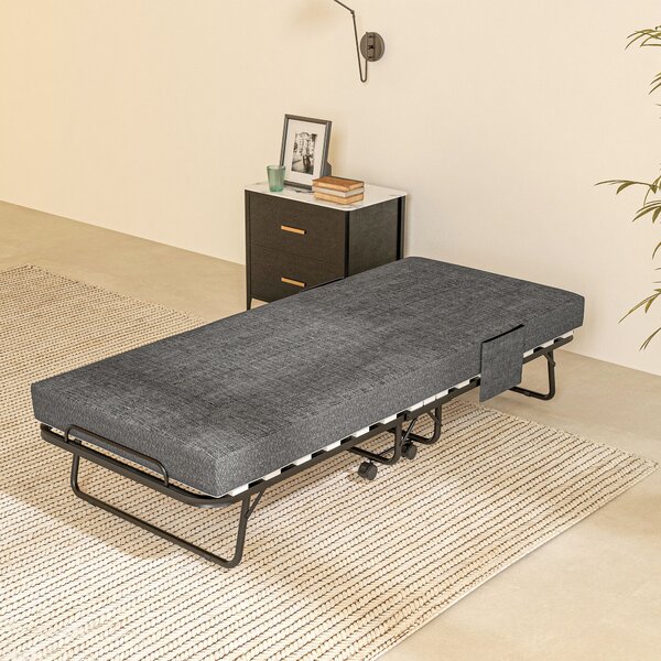 HOMCOM Folding Bed with Mattress, Foldable Guest Bed on Wheels, Portable Single Bed with 10cm Mattress, 190 x 80cm, Dark Grey Aosom UK