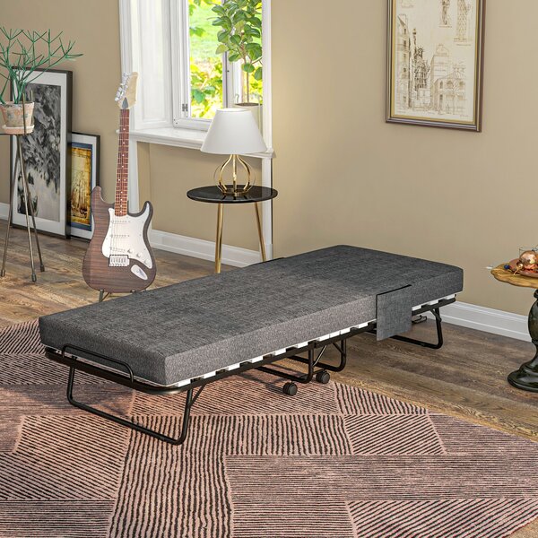 HOMCOM Folding Bed with Mattress, Foldable Guest Bed on Wheels, Portable Single Bed with 10cm Mattress, 190 x 80cm, Dark Grey Aosom UK