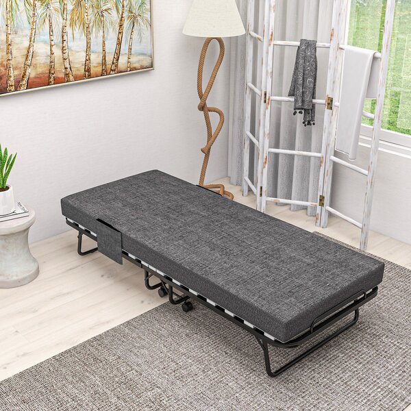 HOMCOM Folding Bed with Mattress, Foldable Guest Bed on Wheels, Portable Single Bed with 10cm Mattress, 190 x 80cm, Dark Grey Aosom UK