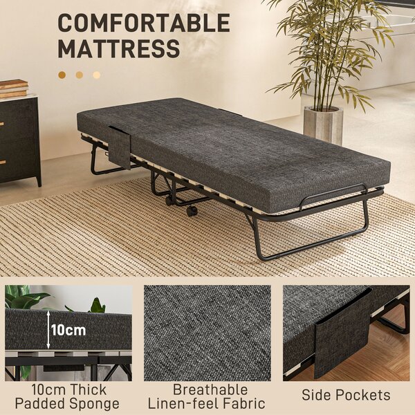 HOMCOM Folding Bed with Mattress, Foldable Guest Bed on Wheels, Portable Single Bed with 10cm Mattress, 190 x 80cm, Dark Grey Aosom UK