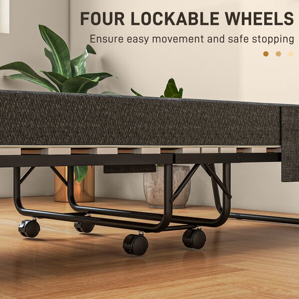 HOMCOM Folding Bed with Mattress, Foldable Guest Bed on Wheels, Portable Single Bed with 10cm Mattress, 190 x 80cm, Dark Grey Aosom UK