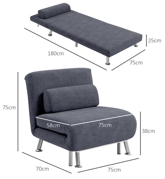 HOMCOM Single Sofa Bed, 1 Person Sleeper Foldable Lounge with Pillow, Charcoal Grey Aosom UK