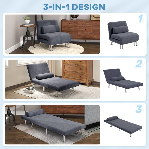 HOMCOM Single Sofa Bed, 1 Person Sleeper Foldable Lounge with Pillow, Charcoal Grey Aosom UK