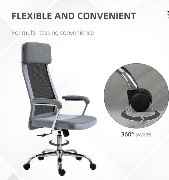 Vinsetto Linen-Feel Mesh Fabric Office Chair: High Back Swivel Desk Chair with Arms, Wheels, Grey Aosom UK