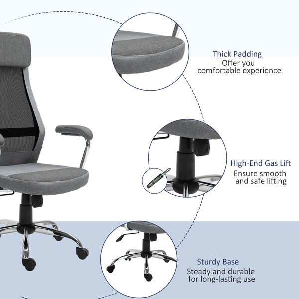 Vinsetto Linen-Feel Mesh Fabric Office Chair: High Back Swivel Desk Chair with Arms, Wheels, Grey Aosom UK