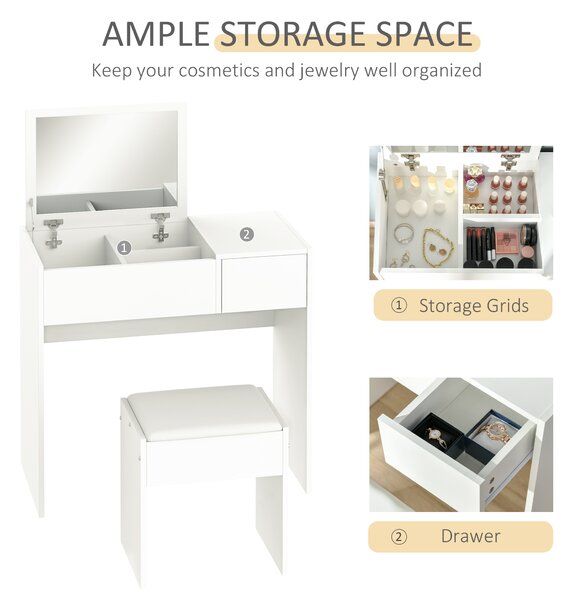 HOMCOM Makeup Desk with Drawer, Vanity Table Set with Flip-up Mirror and Cushioned Stool, White Aosom UK