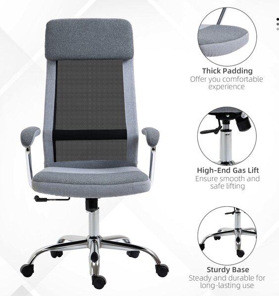 Vinsetto Linen-Feel Mesh Fabric Office Chair: High Back Swivel Desk Chair with Arms, Wheels, Grey Aosom UK